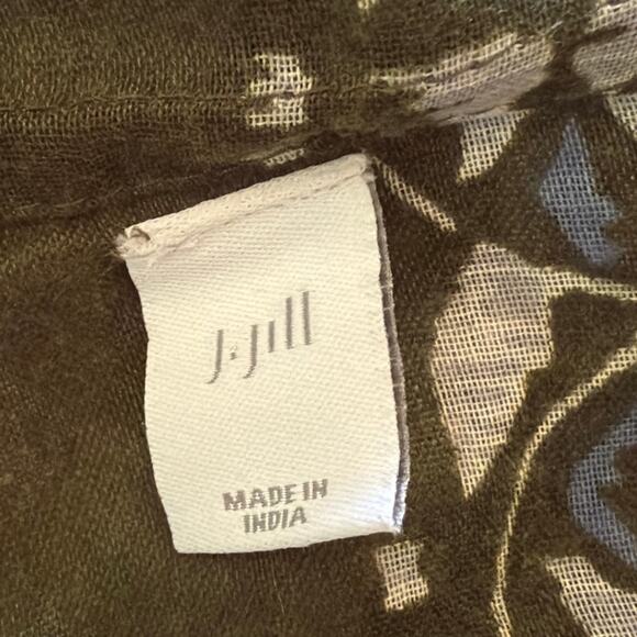 J Jill Lightweight Infinity Scarf Boho Abstract Print Olive Green Blue Beige OS - Picture 2 of 7